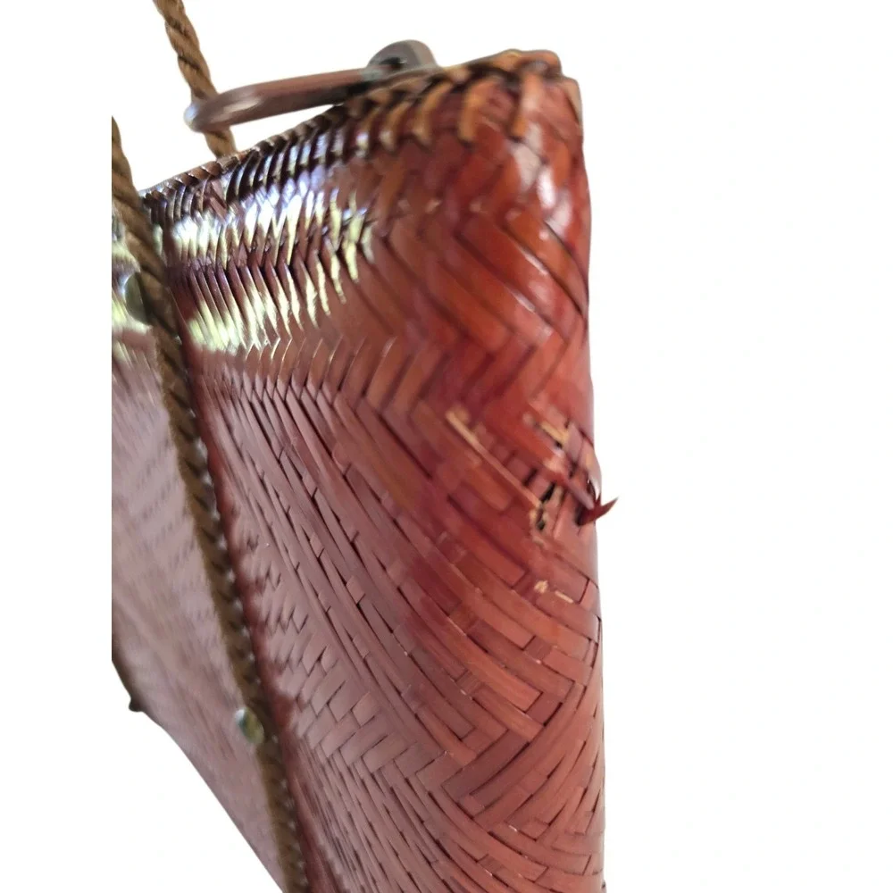 70s Vintage Woven Straw Purse Rope Shoulder Straps Brown‎